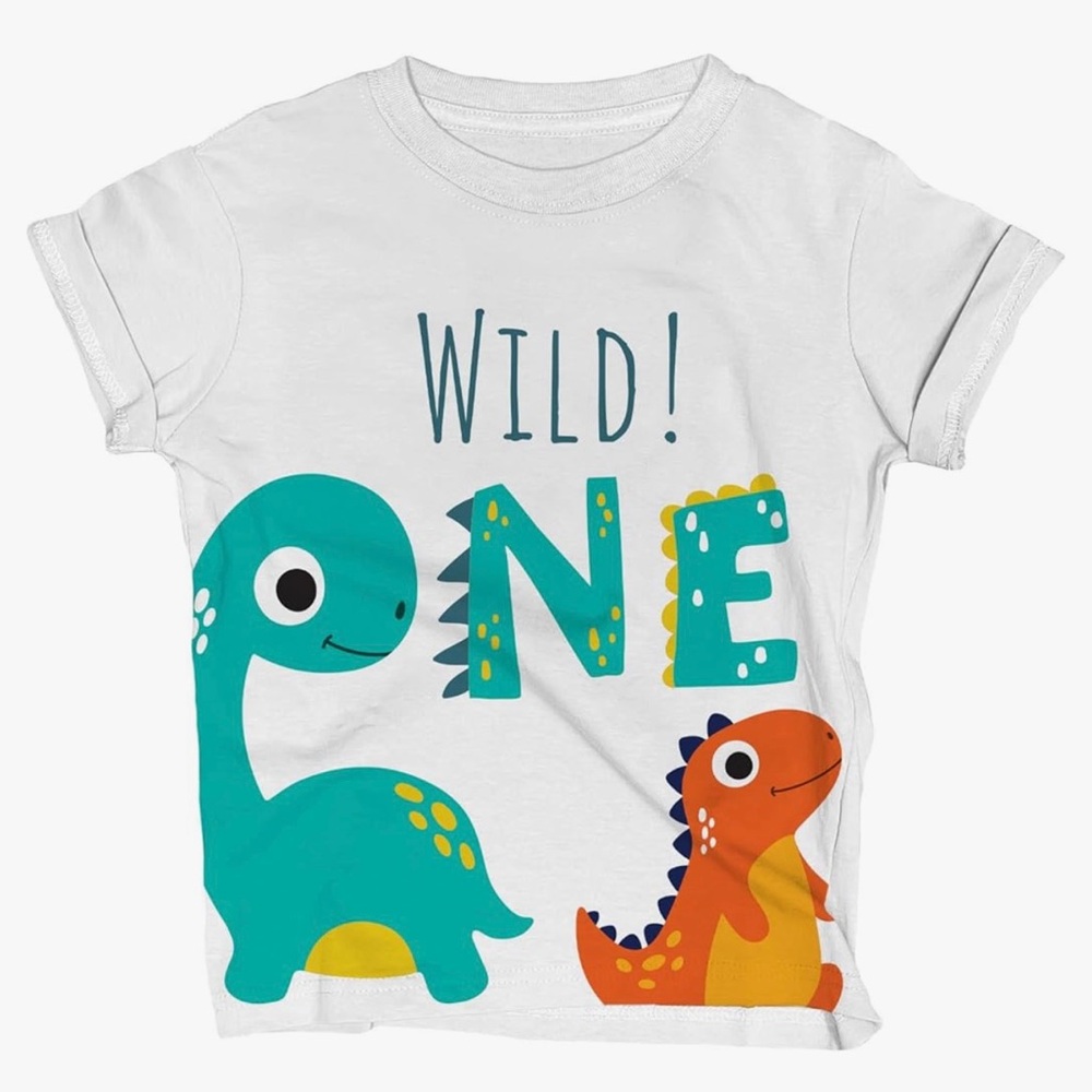 Amazon Wild One Dinosaur Kids T-Shirt - White, Teal, Orange